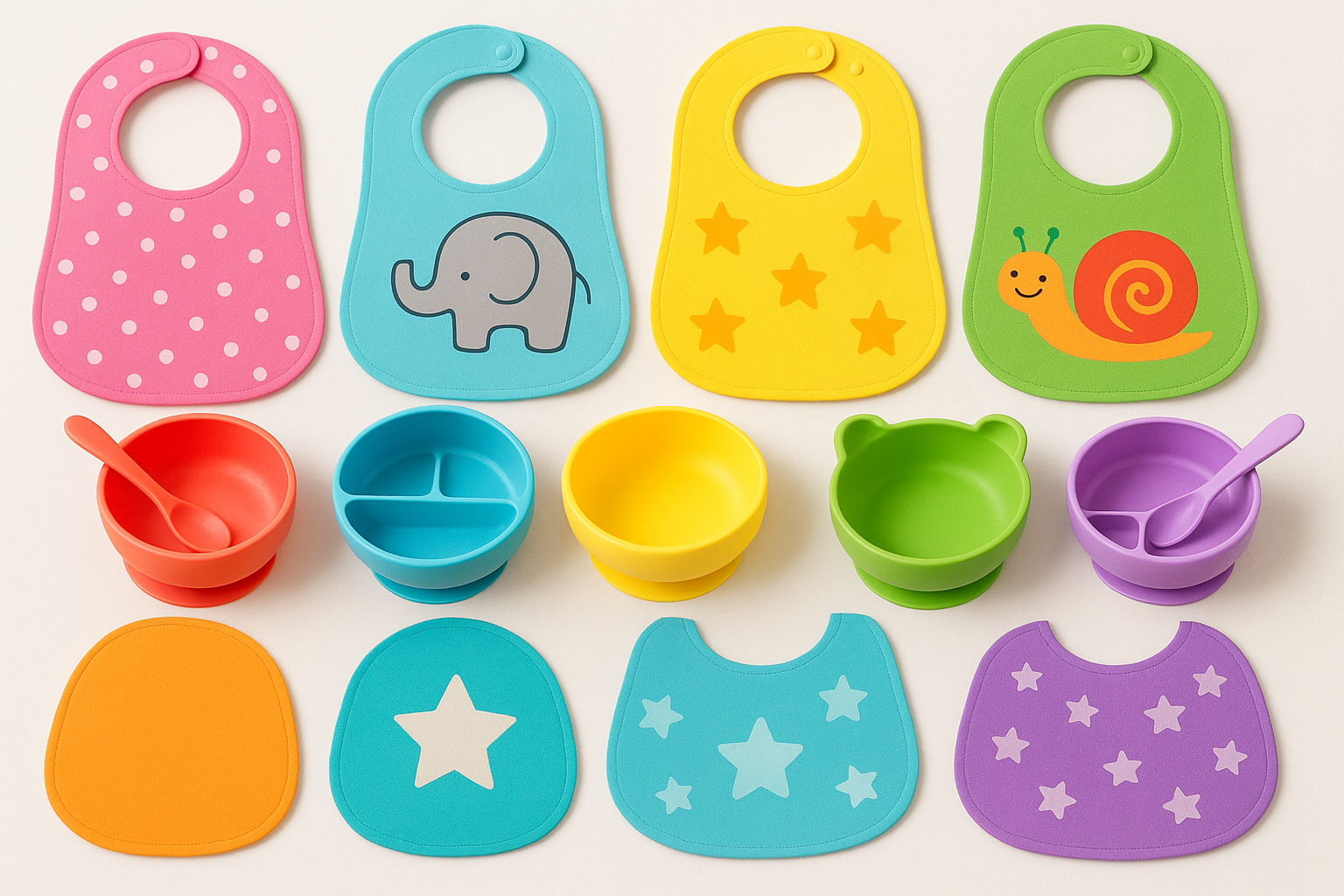colorful baby bibs and colorful baby food bowls
